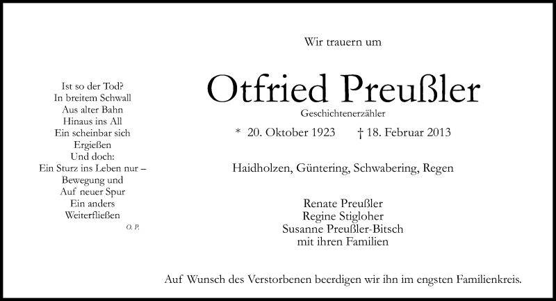  Traueranzeige für Otfried Preußler vom 20.02.2013 aus Süddeutsche Zeitung