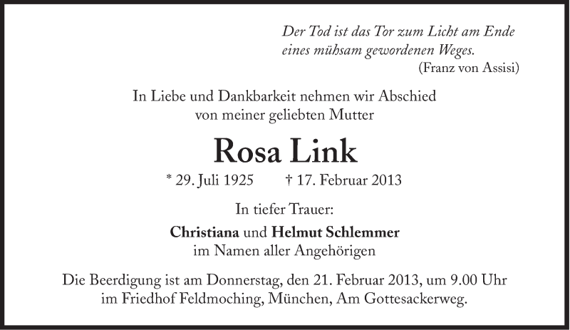  Traueranzeige für Rosa Link vom 21.02.2013 aus Süddeutsche Zeitung