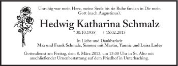 Traueranzeige von Hedwig Katharina Schmalz von Süddeutsche Zeitung