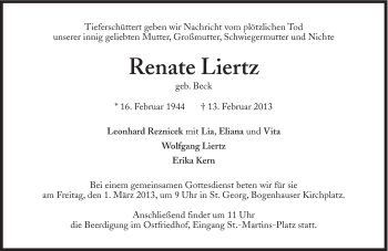 Traueranzeige von Renate Liertz von Süddeutsche Zeitung