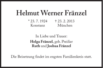 Traueranzeige von Helmut Werner Fränzel von Süddeutsche Zeitung