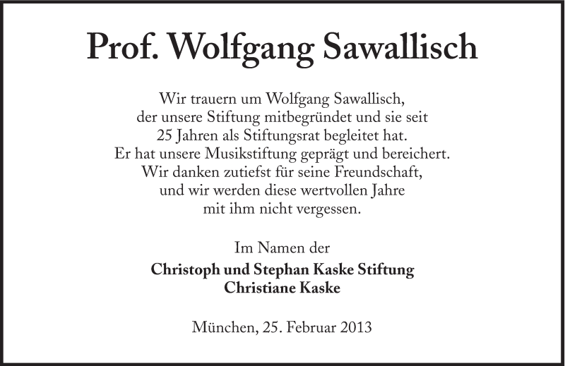  Traueranzeige für Wolfgang Sawallisch vom 26.02.2013 aus Süddeutsche Zeitung