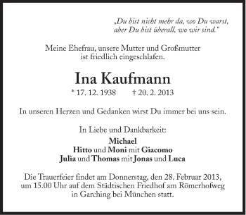 Traueranzeige von Ina Kaufmann von Süddeutsche Zeitung