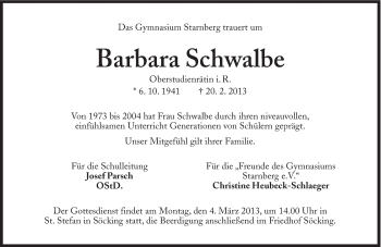 Traueranzeige von Barbara Schwalbe von Süddeutsche Zeitung