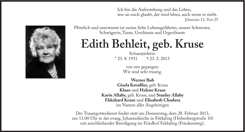  Traueranzeige für Edith Behleit vom 26.02.2013 aus Süddeutsche Zeitung
