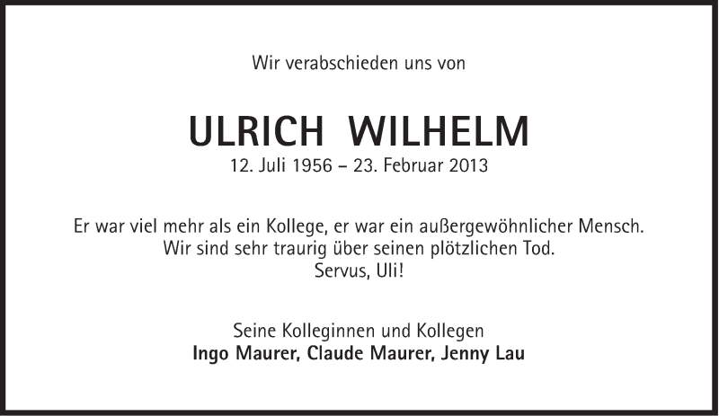  Traueranzeige für Ulrich Wilhelm vom 26.02.2013 aus Süddeutsche Zeitung