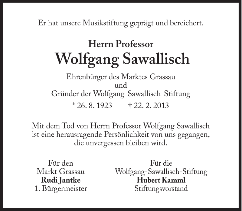  Traueranzeige für Wolfgang Sawallisch vom 26.02.2013 aus Süddeutsche Zeitung
