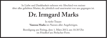 Traueranzeige von Irmgard Marks von Süddeutsche Zeitung