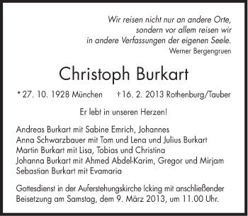 Traueranzeige von Christoph Burkart von Süddeutsche Zeitung