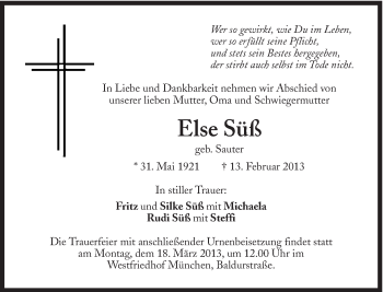 Traueranzeige von Else Süß von Süddeutsche Zeitung