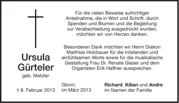 Traueranzeige von Ursula Gürteler von Süddeutsche Zeitung