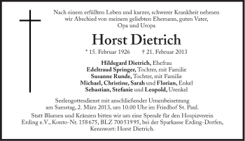 Traueranzeige von Horst Dietrich von Süddeutsche Zeitung