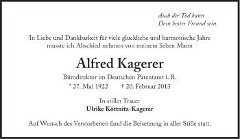 Traueranzeige von Alfred Kagerer von Süddeutsche Zeitung