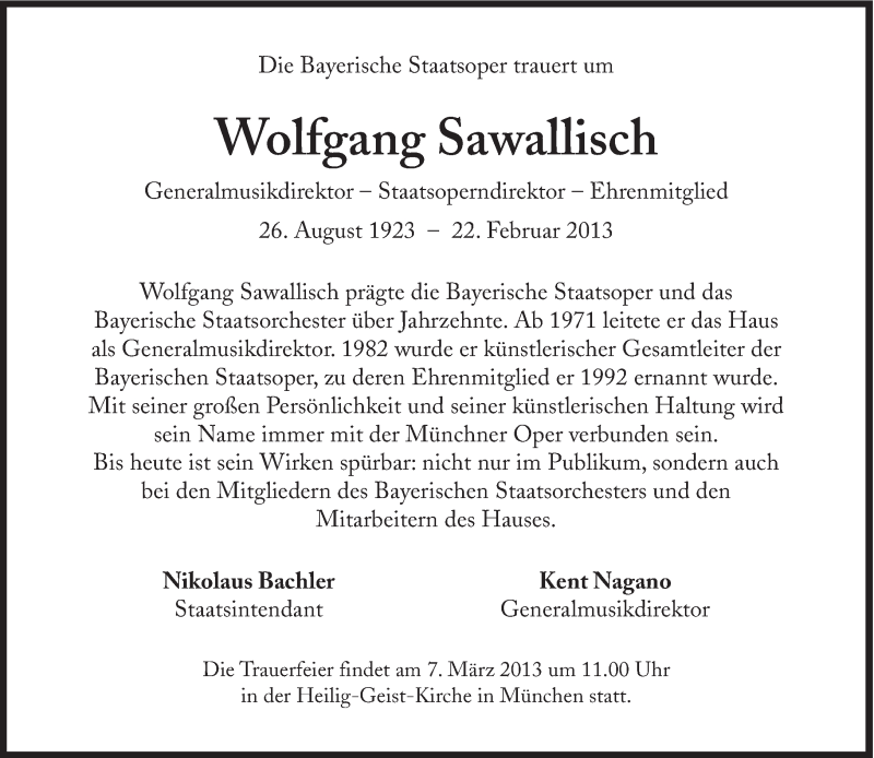  Traueranzeige für Wolfgang Sawallisch vom 02.03.2013 aus Süddeutsche Zeitung