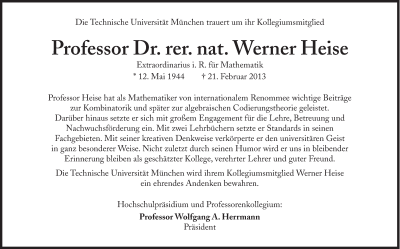  Traueranzeige für Werner Heise vom 27.02.2013 aus Süddeutsche Zeitung