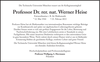 Traueranzeige von Werner Heise von Süddeutsche Zeitung