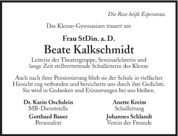 Traueranzeige von Beate Kalkschmidt von Süddeutsche Zeitung