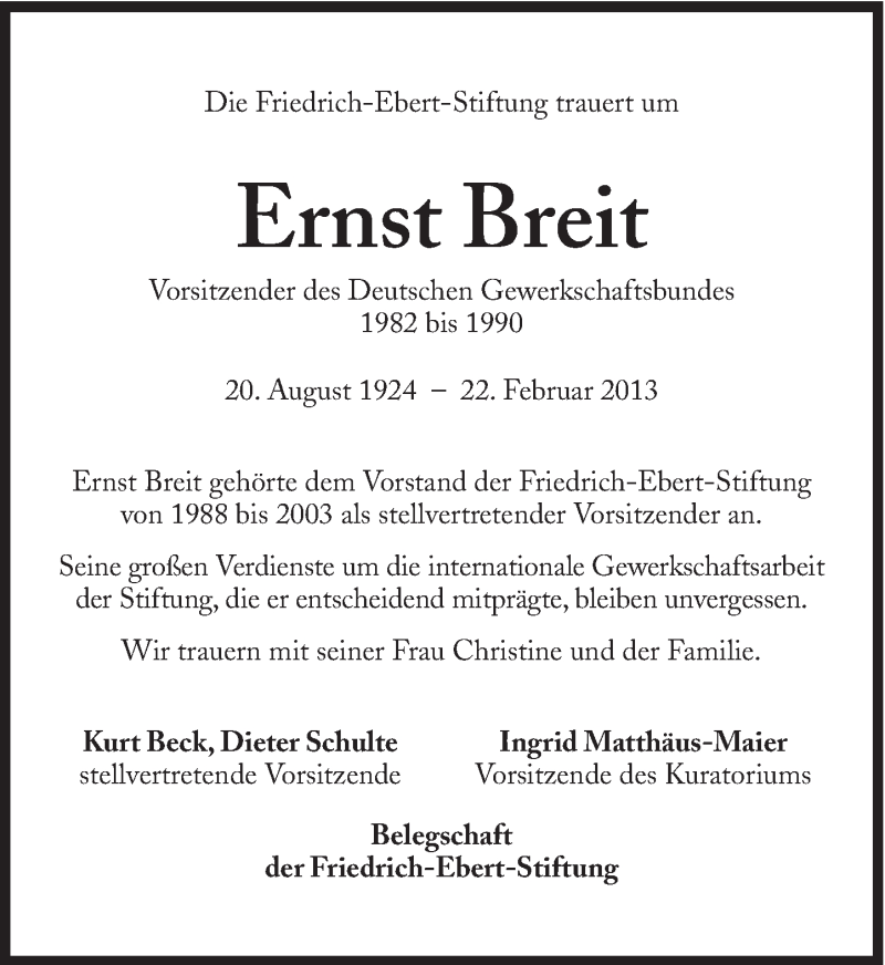  Traueranzeige für Ernst Breit vom 02.03.2013 aus Süddeutsche Zeitung