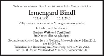 Traueranzeige von Irmengard Bindl von Süddeutsche Zeitung