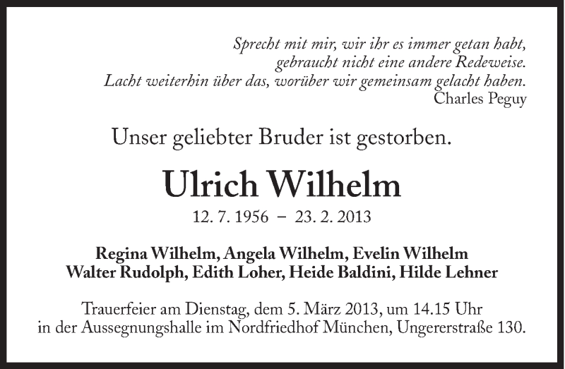  Traueranzeige für Ulrich Wilhelm vom 02.03.2013 aus Süddeutsche Zeitung