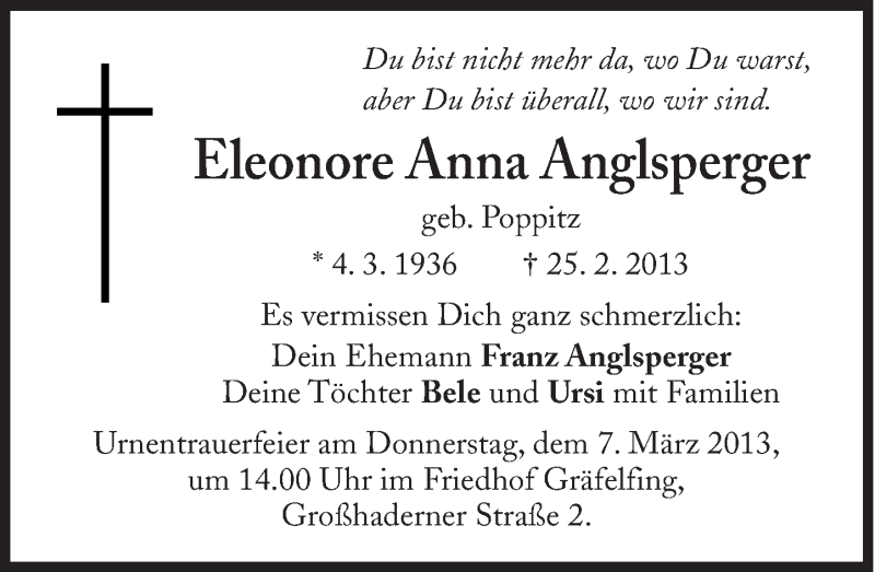  Traueranzeige für Eleonore Anna Anglsperger vom 02.03.2013 aus Süddeutsche Zeitung