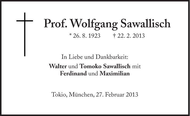  Traueranzeige für Wolfgang Sawallisch vom 01.03.2013 aus Süddeutsche Zeitung