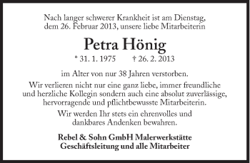 Traueranzeige von Petra Hönig von Süddeutsche Zeitung