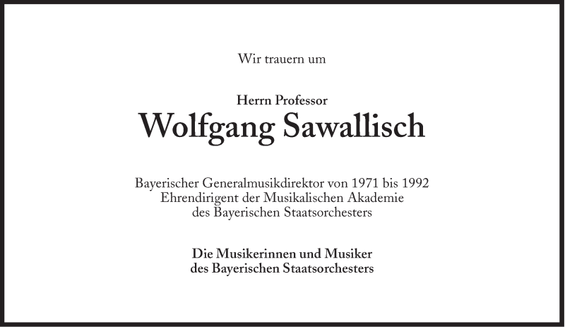  Traueranzeige für Wolfgang Sawallisch vom 02.03.2013 aus Süddeutsche Zeitung