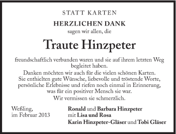 Traueranzeige von Traute Hinzpeter von Süddeutsche Zeitung