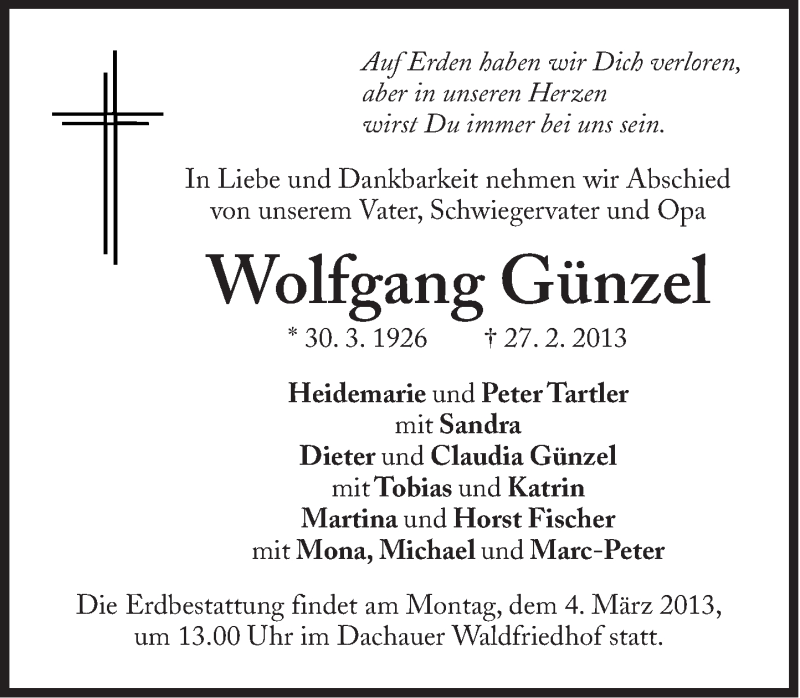  Traueranzeige für Wolfgang Günzel vom 02.03.2013 aus Süddeutsche Zeitung
