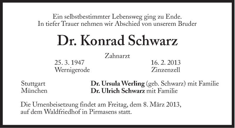  Traueranzeige für Konrad Schwarz vom 04.03.2013 aus Süddeutsche Zeitung