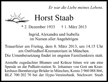Traueranzeige von Horst Staab von Süddeutsche Zeitung