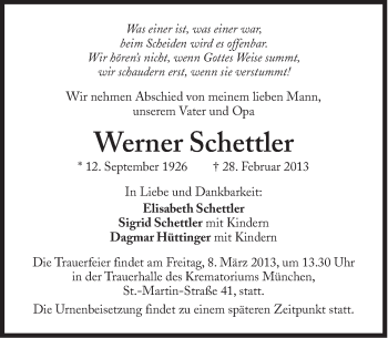 Traueranzeige von Werner Schettler von Süddeutsche Zeitung