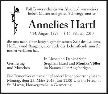 Traueranzeige von Annelies Hartl von Süddeutsche Zeitung