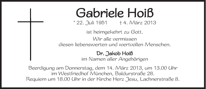 Traueranzeigen Von Gabriele Hoiß Sz Gedenkende 