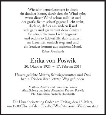 Traueranzeige von Erika  von Poswik von Süddeutsche Zeitung