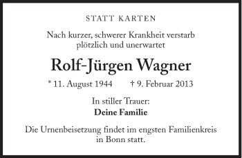 Traueranzeige von Rolf-Jürgen Wagner von Süddeutsche Zeitung