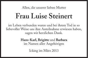 Traueranzeige von Luise Steinert von Süddeutsche Zeitung