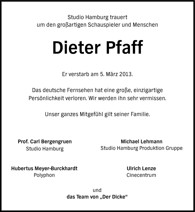 Traueranzeige für Dieter Pfaff vom 09.03.2013 aus Süddeutsche Zeitung