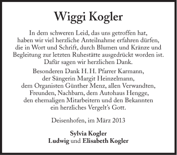 Traueranzeige von Wiggi Kogler von Süddeutsche Zeitung