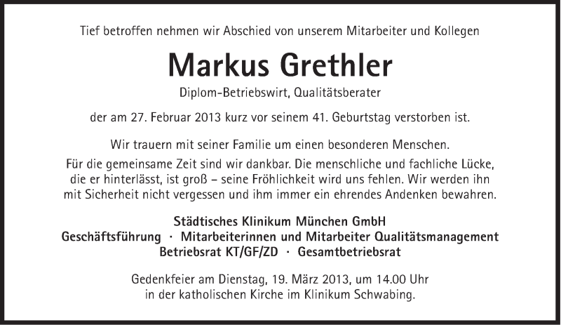  Traueranzeige für Markus Grethler vom 12.03.2013 aus Süddeutsche Zeitung
