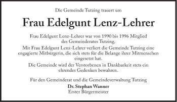 Traueranzeige von Edelgunt Lenz-Lehrer von Süddeutsche Zeitung
