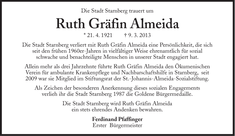  Traueranzeige für Ruth Gräfin Almeida vom 16.03.2013 aus Süddeutsche Zeitung