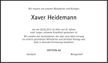 Traueranzeige von Xaver Heidemann von Süddeutsche Zeitung