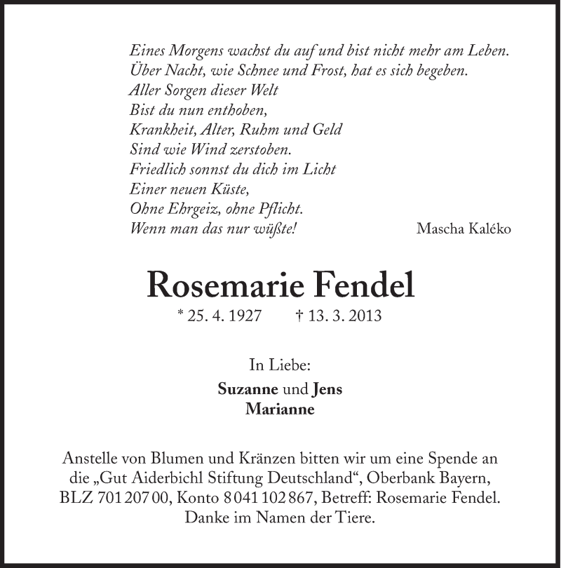  Traueranzeige für Rosemarie Fendel vom 16.03.2013 aus Süddeutsche Zeitung