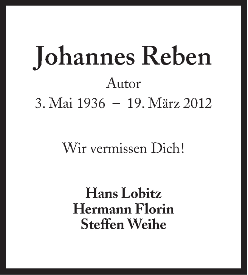  Traueranzeige für Johannes Reben vom 19.03.2013 aus Süddeutsche Zeitung