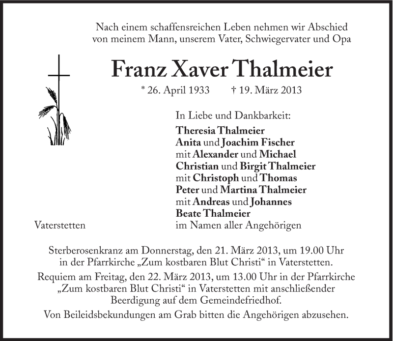  Traueranzeige für Franz Xaver  Thalmeier vom 21.03.2013 aus Süddeutsche Zeitung