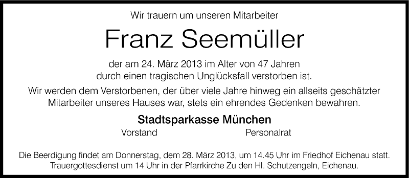  Traueranzeige für Franz Seemüller vom 28.03.2013 aus Süddeutsche Zeitung