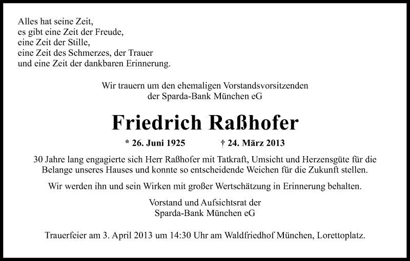 Traueranzeige für Friedrich Raßhofer vom 30.03.2013 aus Süddeutsche Zeitung