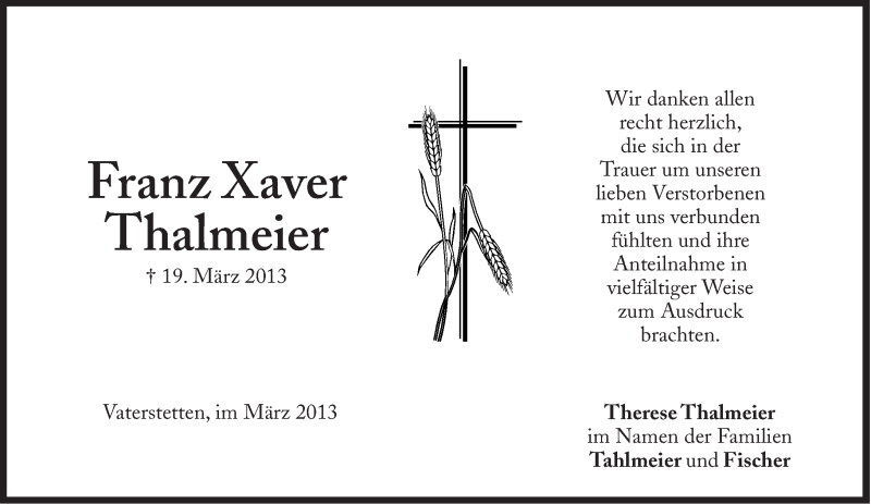  Traueranzeige für Franz Xaver  Thalmeier vom 30.03.2013 aus Süddeutsche Zeitung